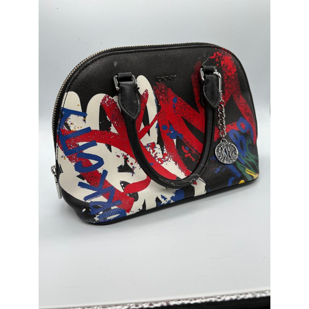 DKNY Graffiti Print Satchel Handbag Black Multicolor Dome Purse Zip - Picture 2 of 10